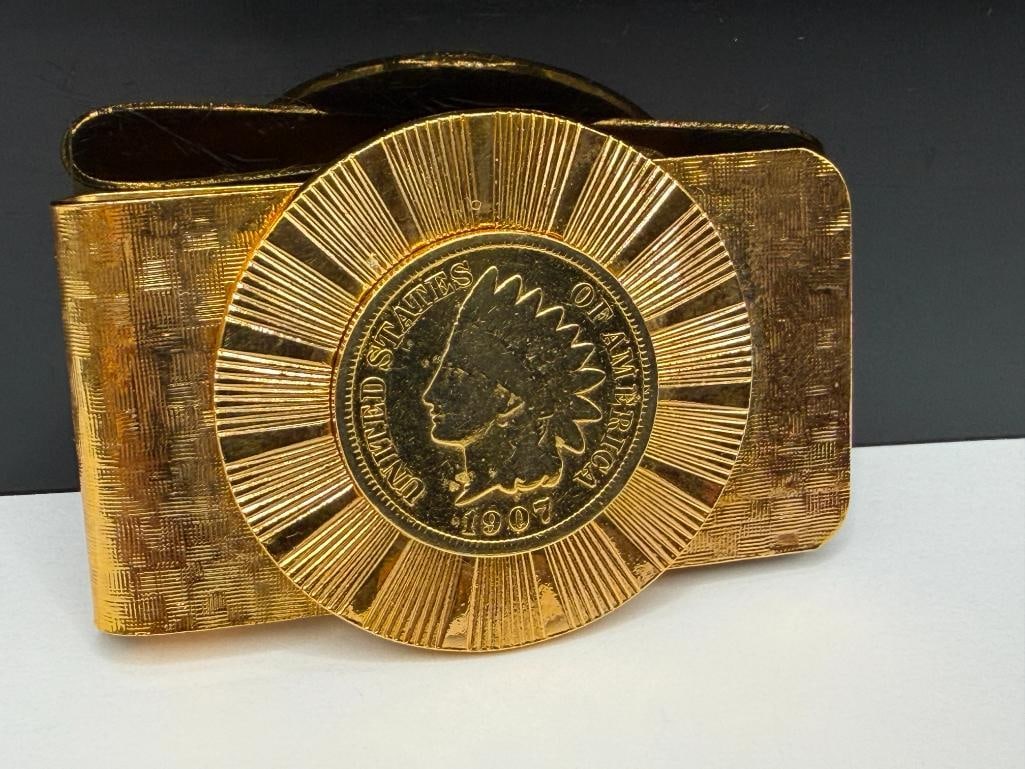 GOLD TONE PLATED 1907 U.S. INDIAN HEAD CENT MONEY CLIP - 2