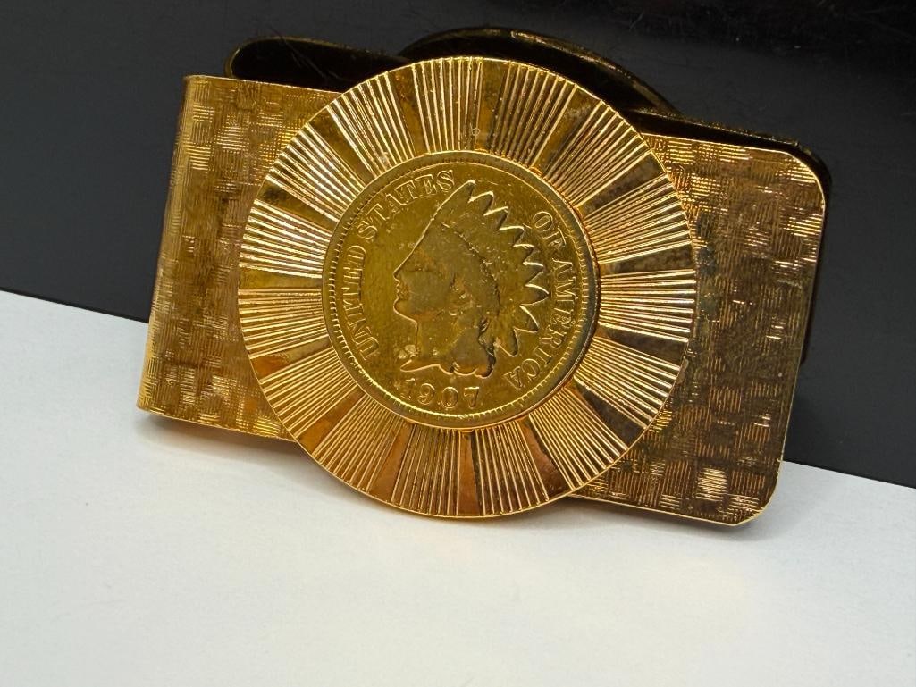 GOLD TONE PLATED 1907 U.S. INDIAN HEAD CENT MONEY CLIP - 3