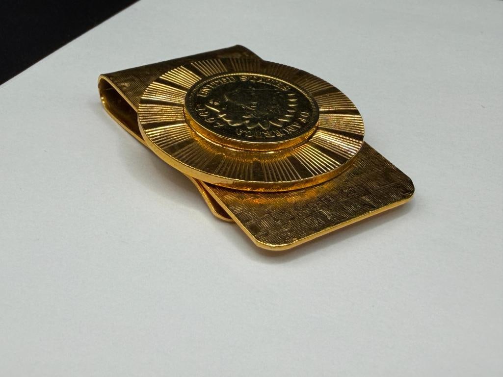 GOLD TONE PLATED 1907 U.S. INDIAN HEAD CENT MONEY CLIP - 4