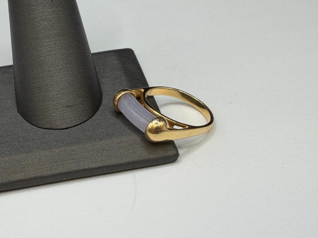 14K YELLOW GOLD DESIGNER SIGNED LAVENDER JADE CYLINDRICAL RIGN - 3