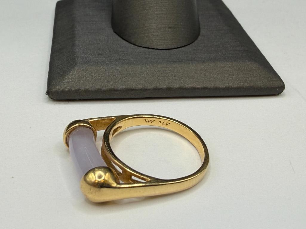 14K YELLOW GOLD DESIGNER SIGNED LAVENDER JADE CYLINDRICAL RIGN - 5