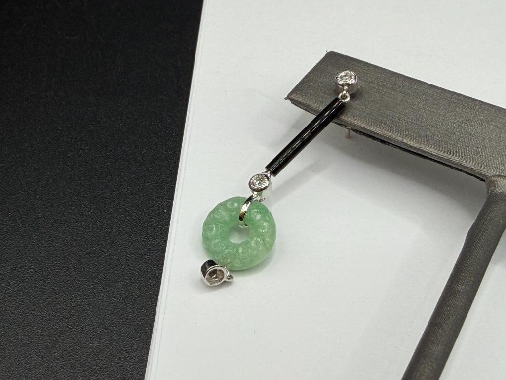 14K WHITE GOLD GREEN JADE, ONYX, AND DIAMOND FASHION RING AND MATCHING EARRINGS - 7