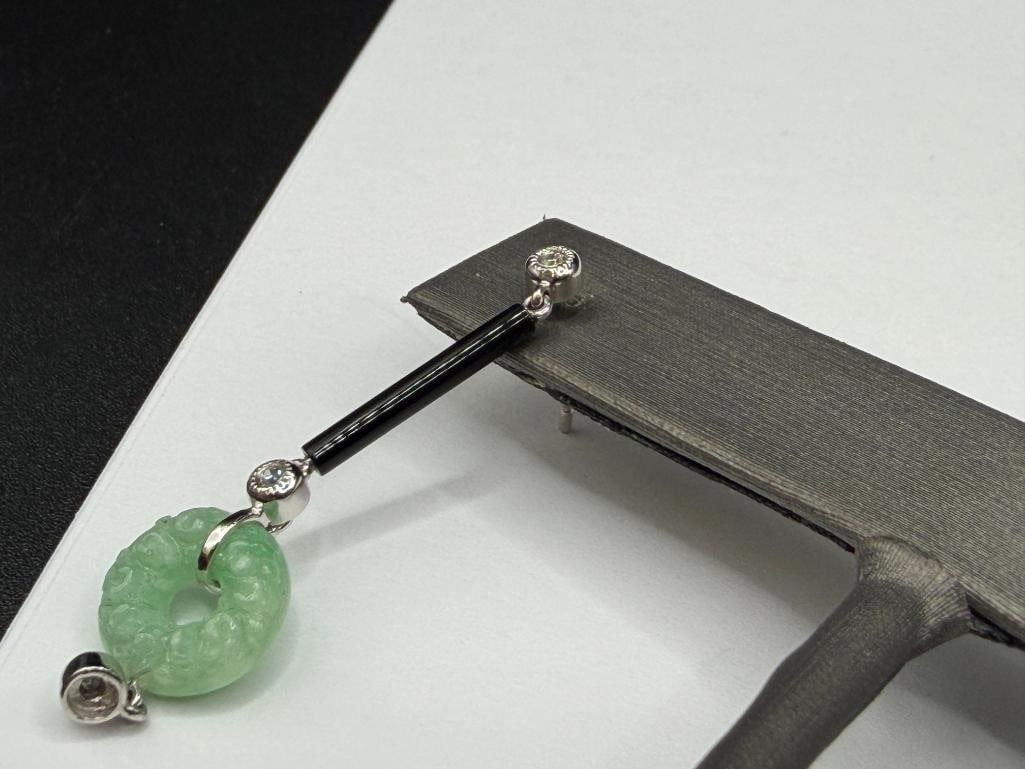 14K WHITE GOLD GREEN JADE, ONYX, AND DIAMOND FASHION RING AND MATCHING EARRINGS - 8