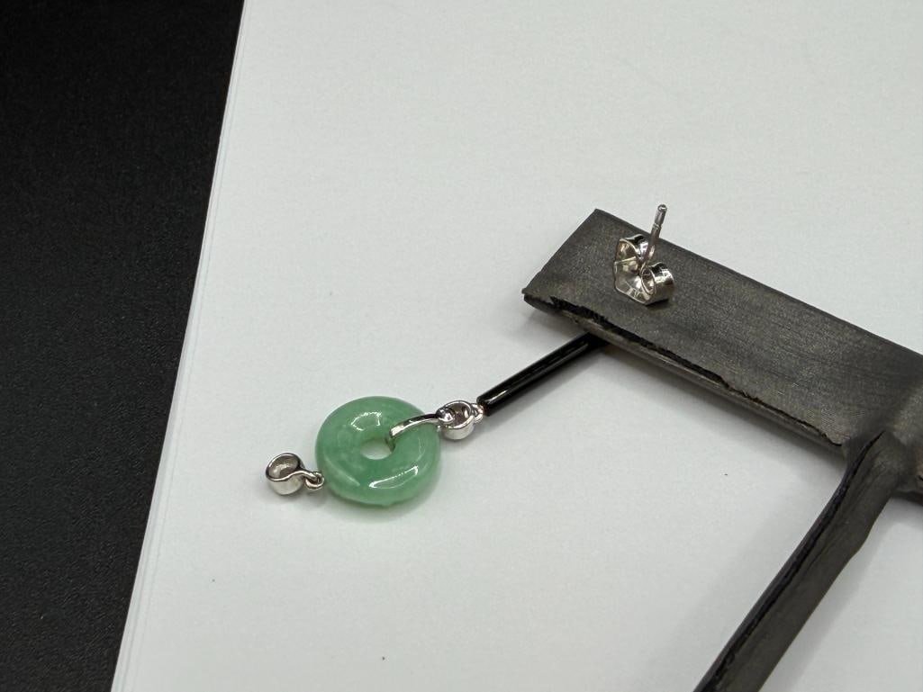 14K WHITE GOLD GREEN JADE, ONYX, AND DIAMOND FASHION RING AND MATCHING EARRINGS - 9