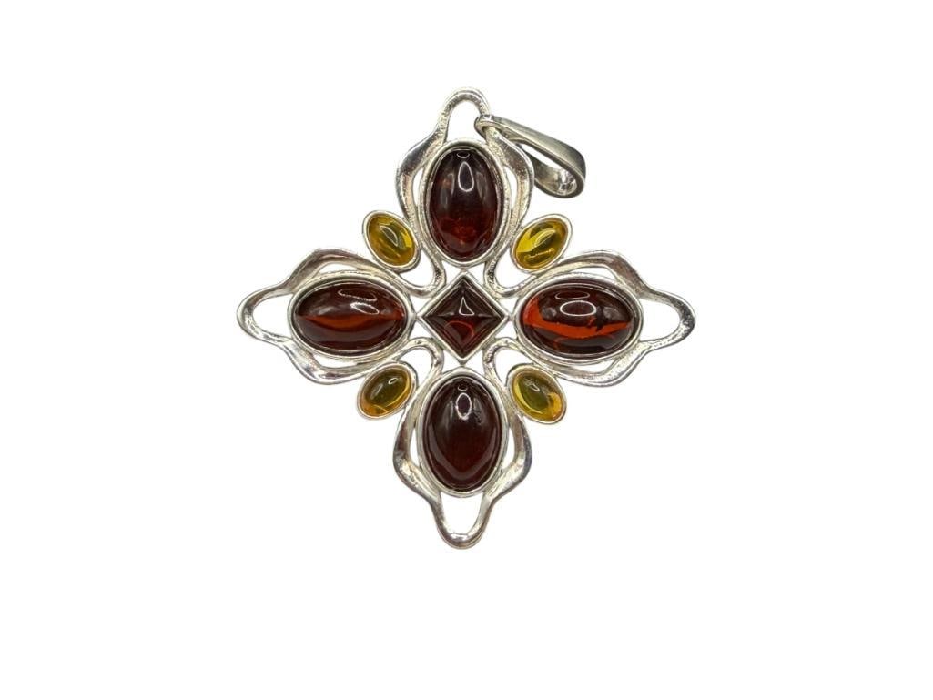 POLAND MADE STERLING SILVER CABOCHON AMBER AND BLOOD AMBER CROSS LIKE PENDANT: MARKED "POLAND" 2 3/8", 9.11 GRAMS