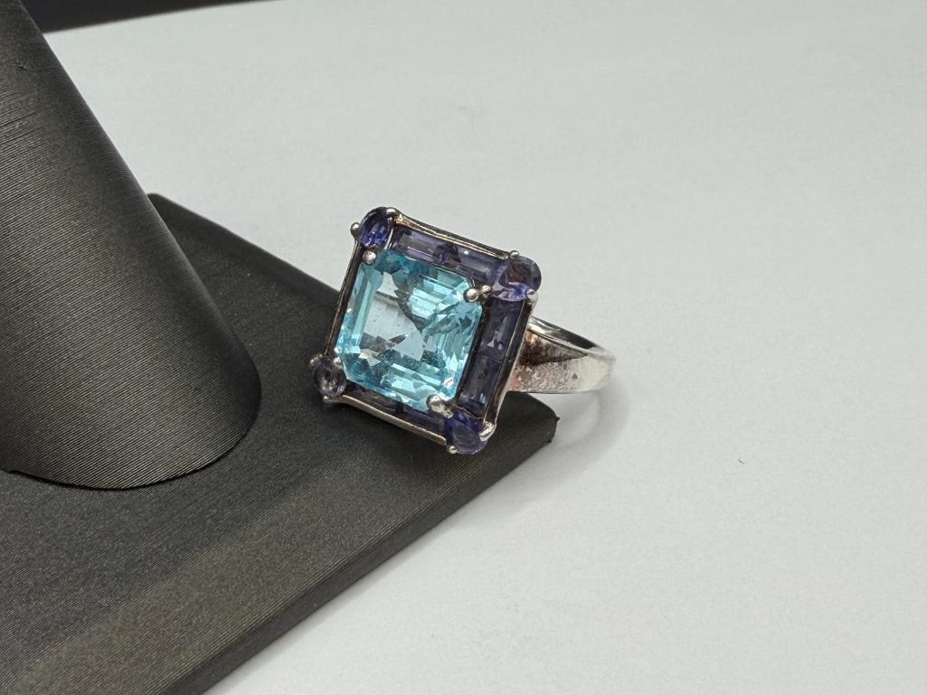 STERLING SILVER CUSHION CUT BLUE TOPAZ AND IOLITE FASHION RING - 3