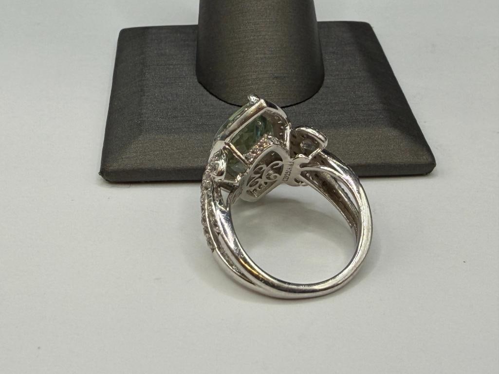 STERLING SILVER MARQUISE GREEN QUARTZ AND ROUND CUT CZ FASHION RING - 4