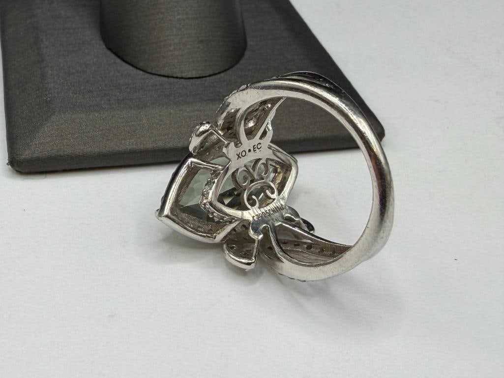 STERLING SILVER MARQUISE GREEN QUARTZ AND ROUND CUT CZ FASHION RING - 5