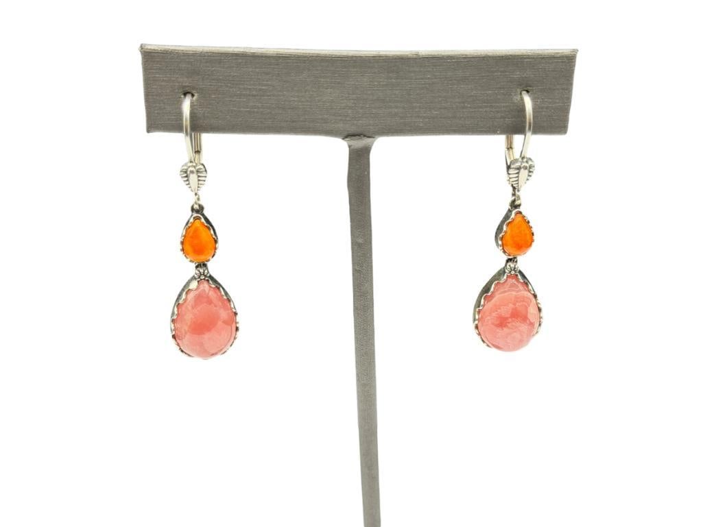 STERLING SILVER DESIGNER SIGNED ROSE QUARTZ AND SPINY OYSTER CABOCHON DANGLE EARRINGS (1 of 5)