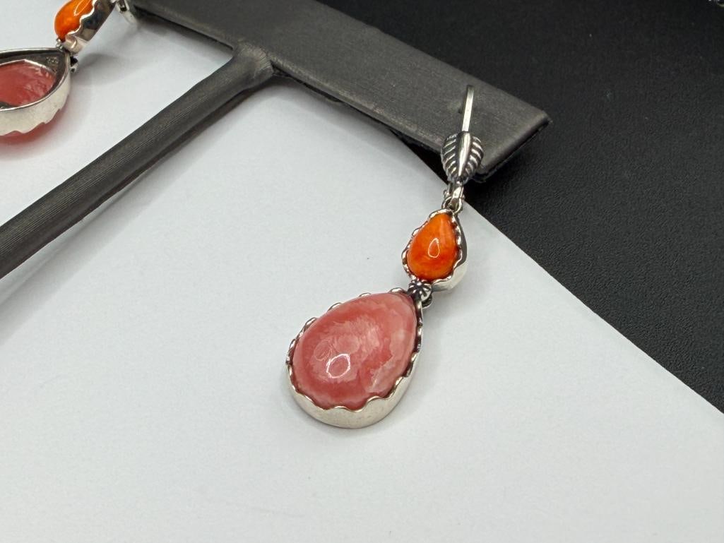 STERLING SILVER DESIGNER SIGNED ROSE QUARTZ AND SPINY OYSTER CABOCHON DANGLE EARRINGS - 3