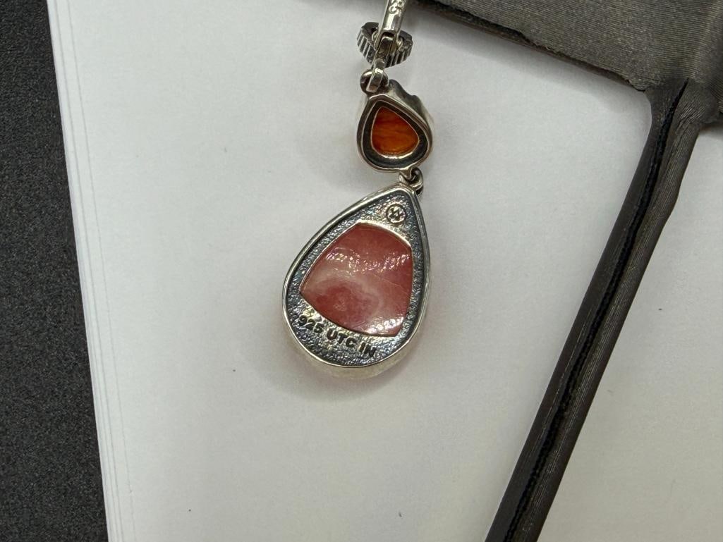 STERLING SILVER DESIGNER SIGNED ROSE QUARTZ AND SPINY OYSTER CABOCHON DANGLE EARRINGS - 5