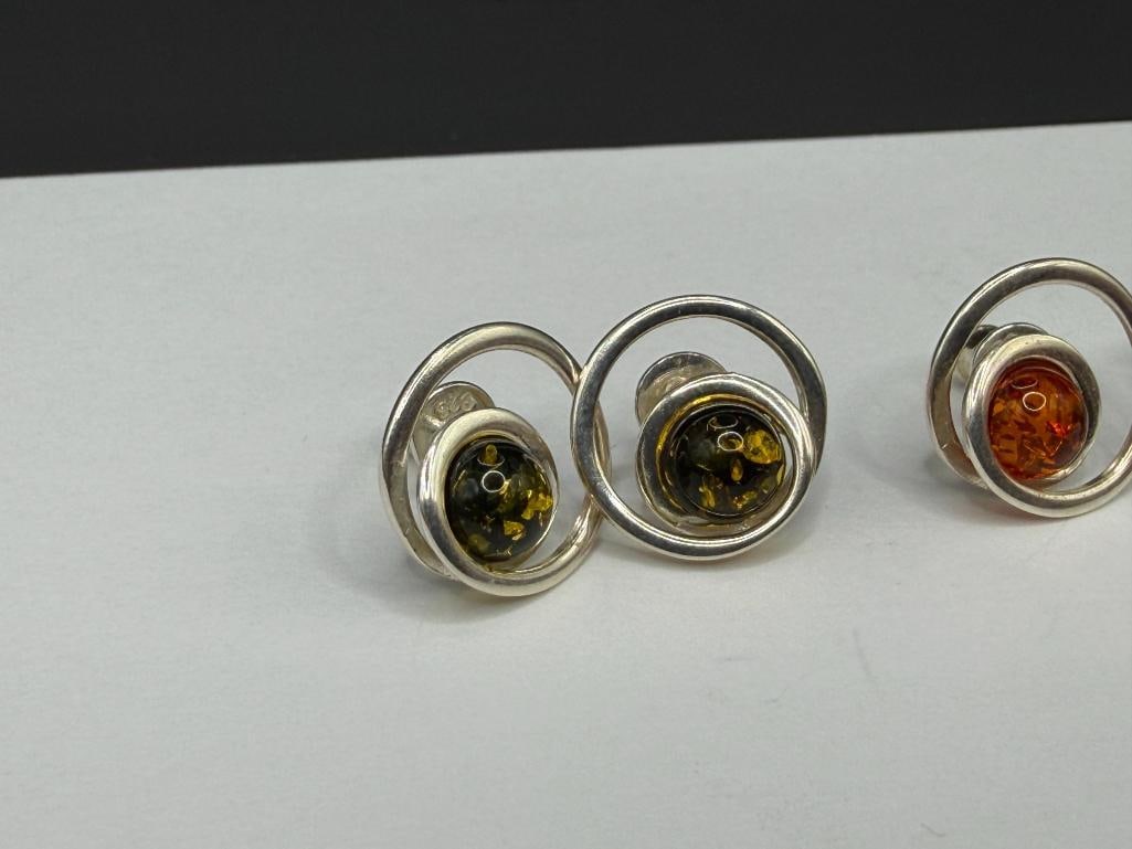 TWO PAIRS OF POLAND MADE STERLING SILVER AMBER POST EARRINGS - 3