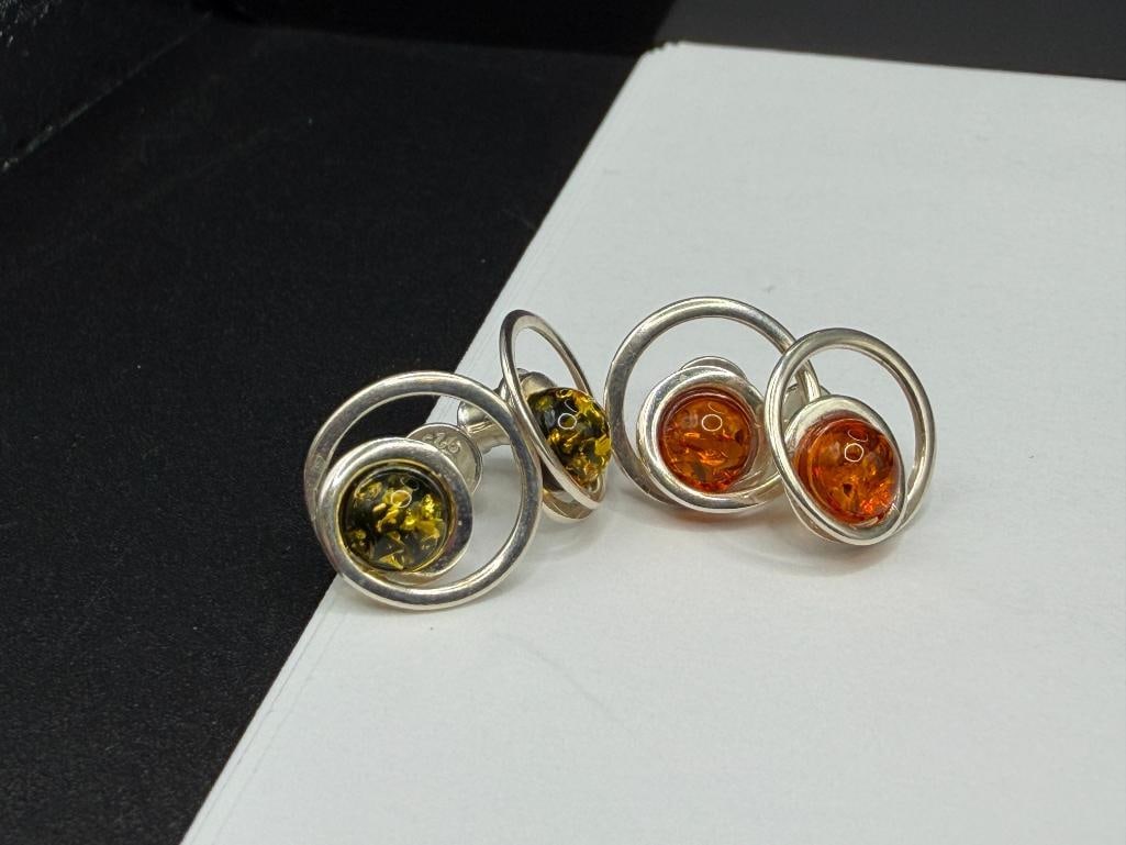 TWO PAIRS OF POLAND MADE STERLING SILVER AMBER POST EARRINGS - 4
