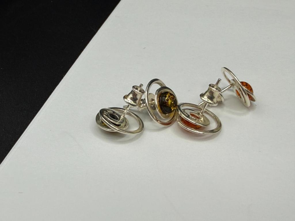 TWO PAIRS OF POLAND MADE STERLING SILVER AMBER POST EARRINGS - 5