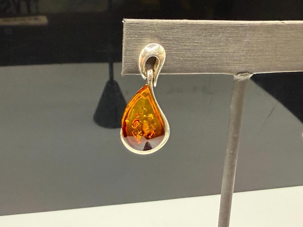 POLAND MADE STERLING SILVER TEAR DROP AMBER DANGLE EARRINGS - 2