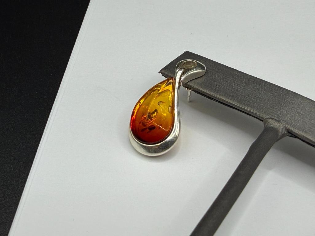 POLAND MADE STERLING SILVER TEAR DROP AMBER DANGLE EARRINGS - 3