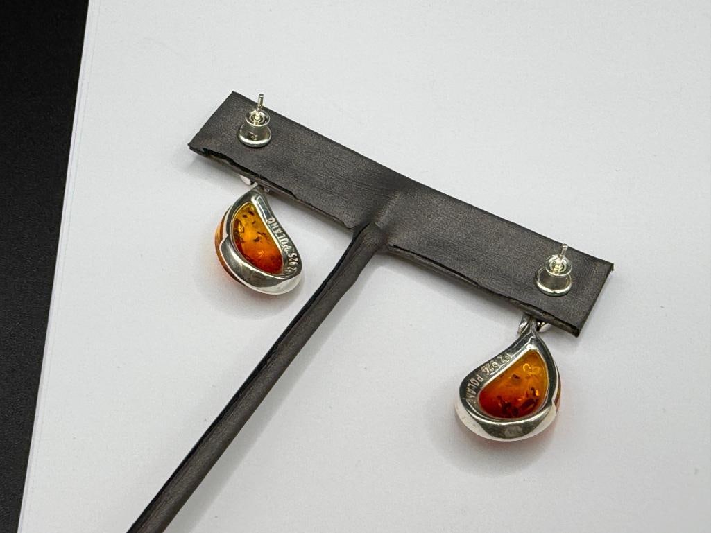 POLAND MADE STERLING SILVER TEAR DROP AMBER DANGLE EARRINGS - 4