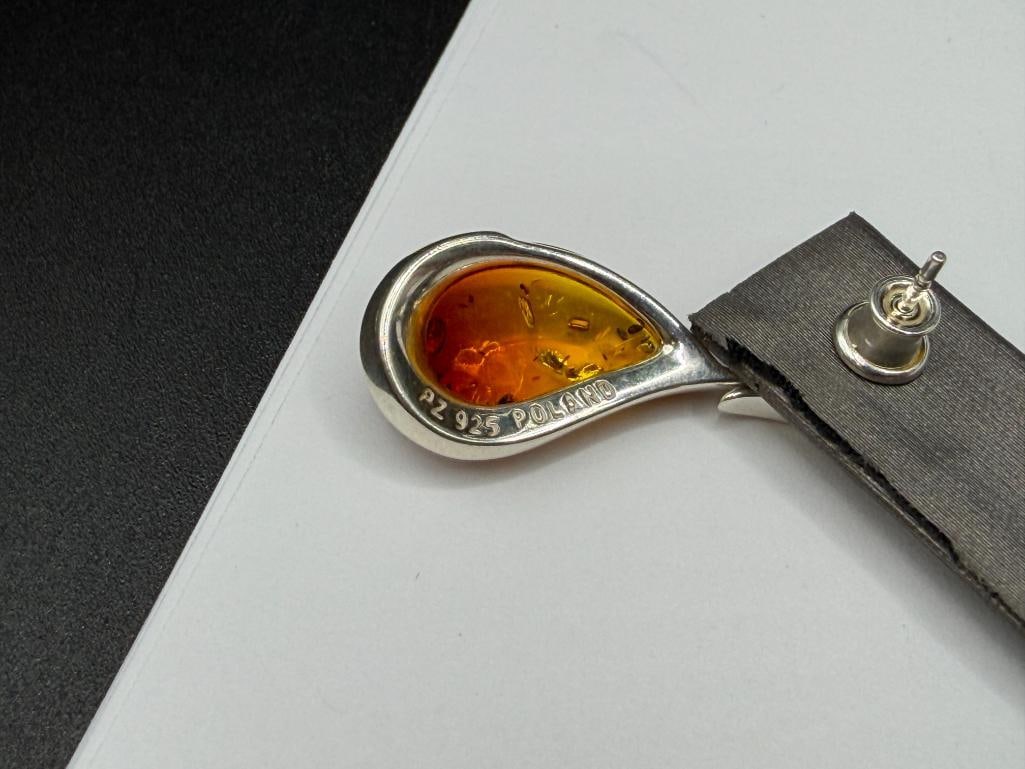 POLAND MADE STERLING SILVER TEAR DROP AMBER DANGLE EARRINGS - 5