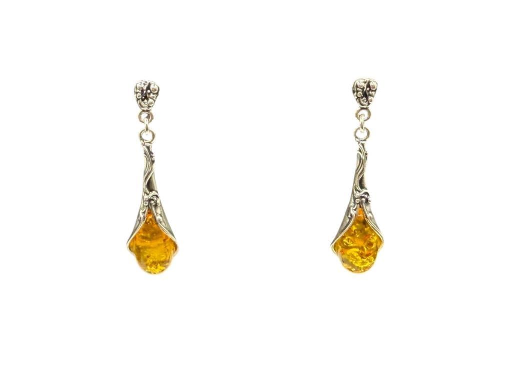 POLAND MADE STERLING SILVER HONEY AMBER DANGLE EARRINGS: FEATURING ART NOUVEAU DESIGN, MARKED "POLAND" 2", 17MM X 10MM AMBER, 8.35 GRAMS