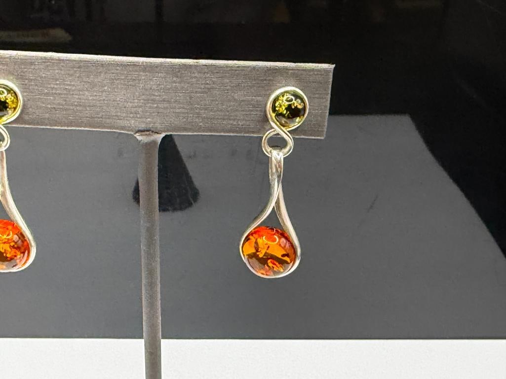 POLAND MADE STERLING SILVER AMBER AND GREEN AMBER DANGLE EARRINGS - 2