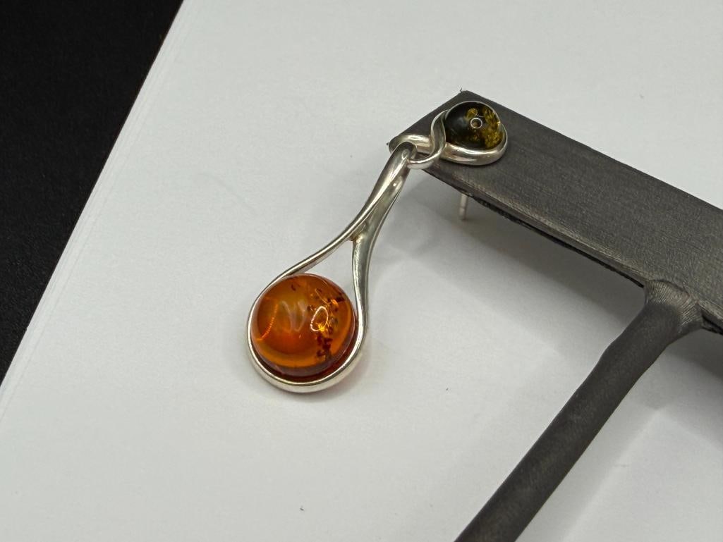 POLAND MADE STERLING SILVER AMBER AND GREEN AMBER DANGLE EARRINGS - 3