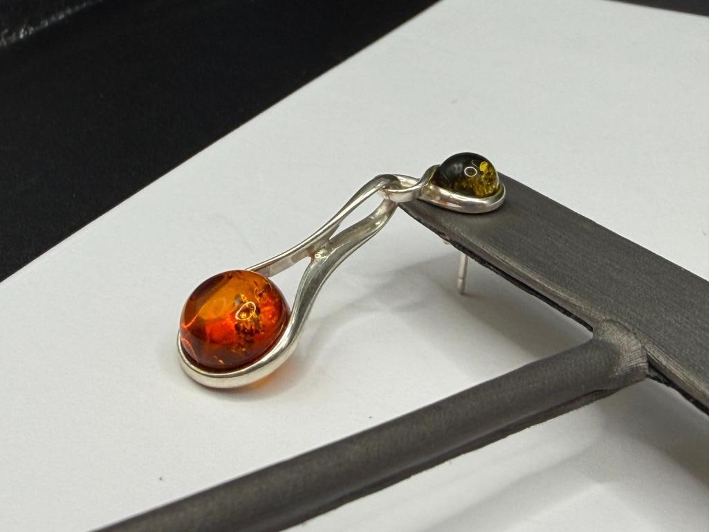 POLAND MADE STERLING SILVER AMBER AND GREEN AMBER DANGLE EARRINGS - 4