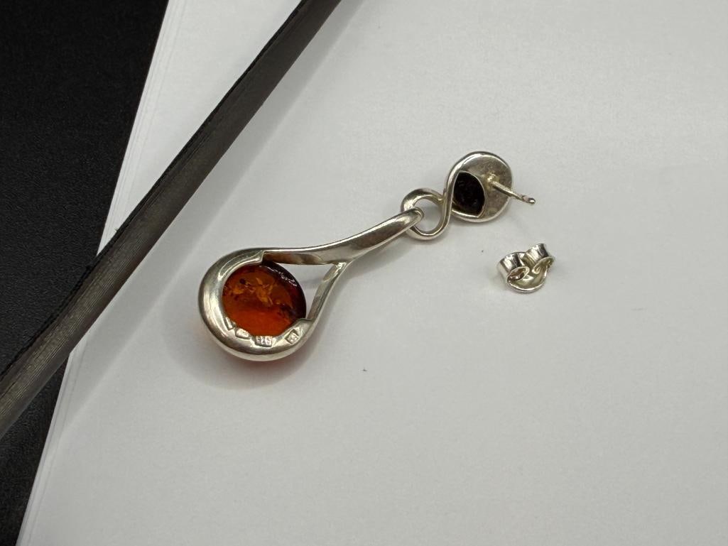 POLAND MADE STERLING SILVER AMBER AND GREEN AMBER DANGLE EARRINGS - 5