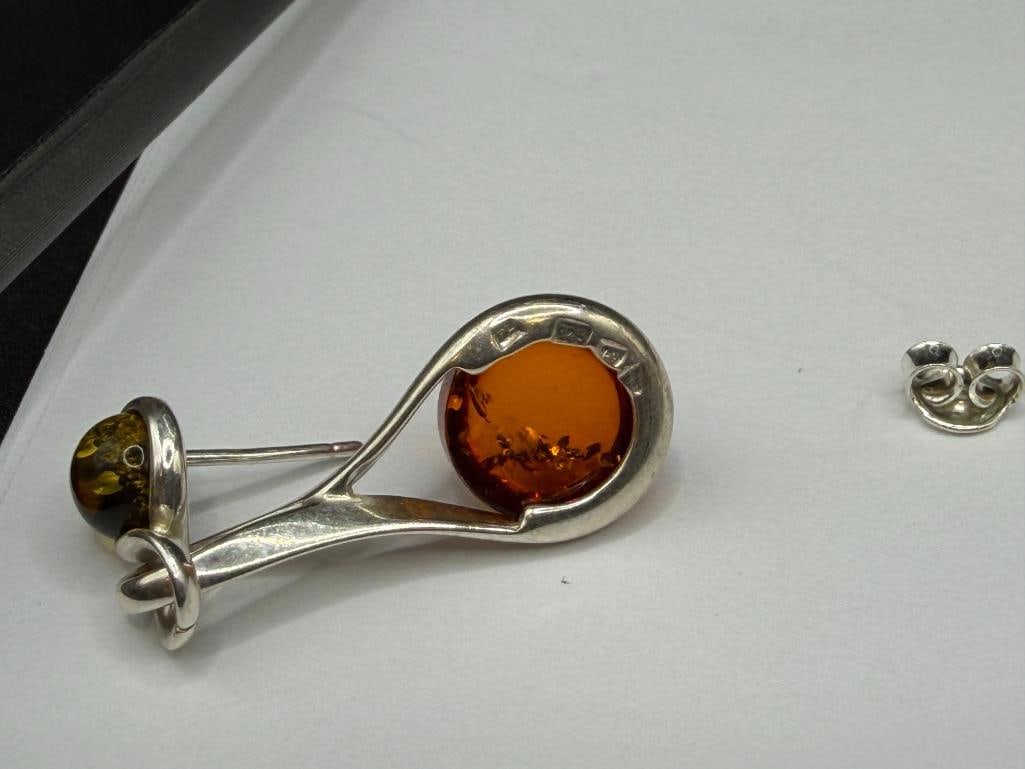 POLAND MADE STERLING SILVER AMBER AND GREEN AMBER DANGLE EARRINGS - 6
