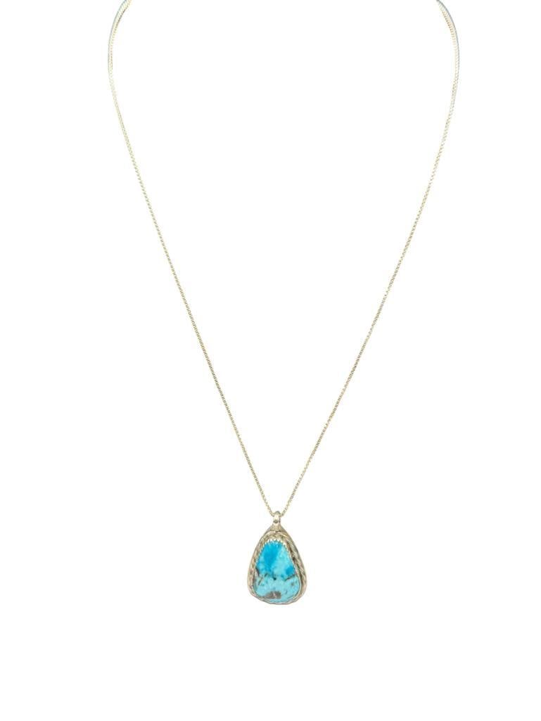 NAVAJO SIGNED STERLING SILVER TURQUOISE PENDANT NECKLACE: PENDANT IS SIGNED BY ARTIST "J.S", ON STERLING SILVER BOX CHAIN NECKLACE 20" NECKLACE, 1 3/4" PENDANT, 9.63 GRAMS TOTAL