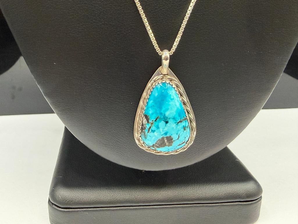 NAVAJO SIGNED STERLING SILVER TURQUOISE PENDANT NECKLACE - 2