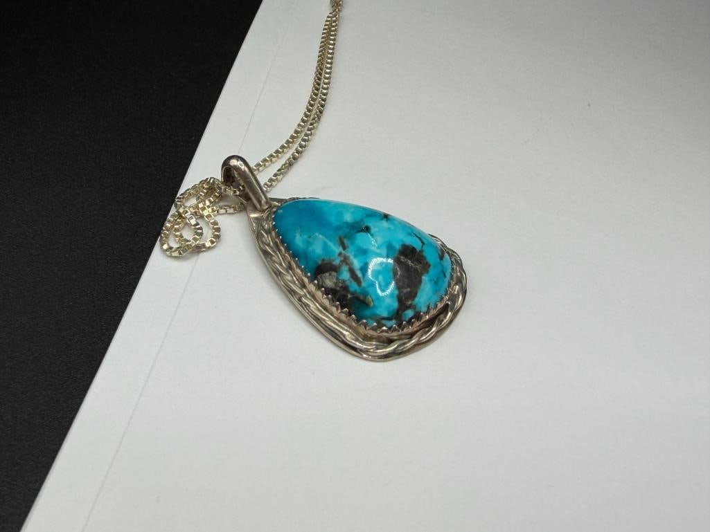 NAVAJO SIGNED STERLING SILVER TURQUOISE PENDANT NECKLACE - 3