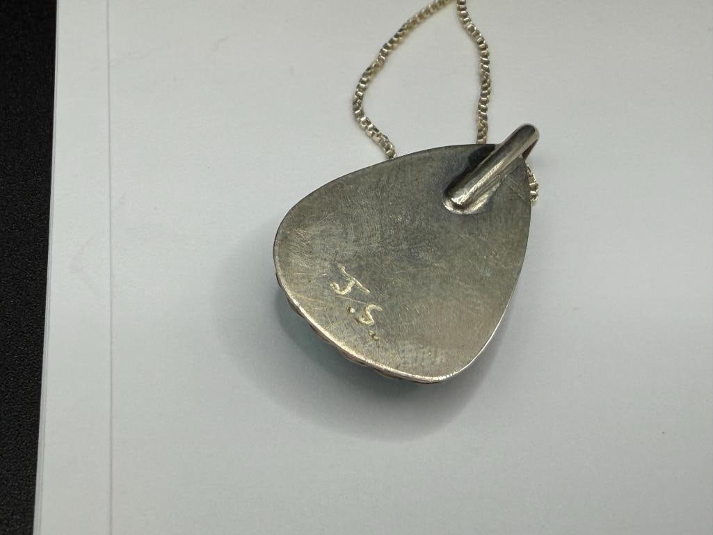 NAVAJO SIGNED STERLING SILVER TURQUOISE PENDANT NECKLACE - 4