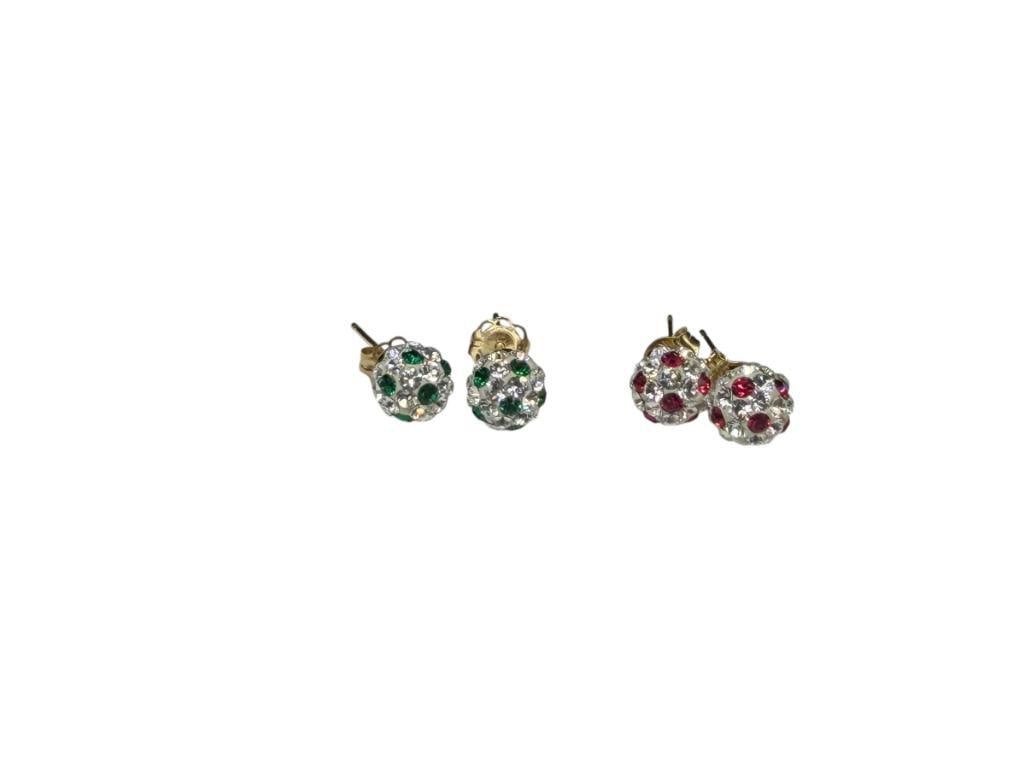 TWO PAIR OF SWAROVSKI 14K YELLOW GOLD CRYSTAL POST EARRINGS: FEATURING VIBRANT RED AND GREEN CRYSTAL ACCENTS 1/4", 1.48 GRAMS TOTAL