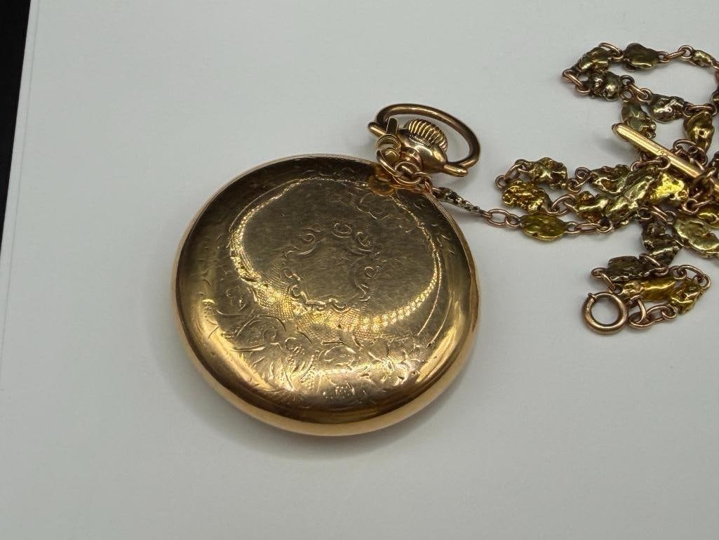 ANTIQUE 1918 WALTHAM 21 JEWELRS GRADE 645 POCKET WATCH WITH NATURAL GOLD NUGGET AND 14K WATCH FOB - 10