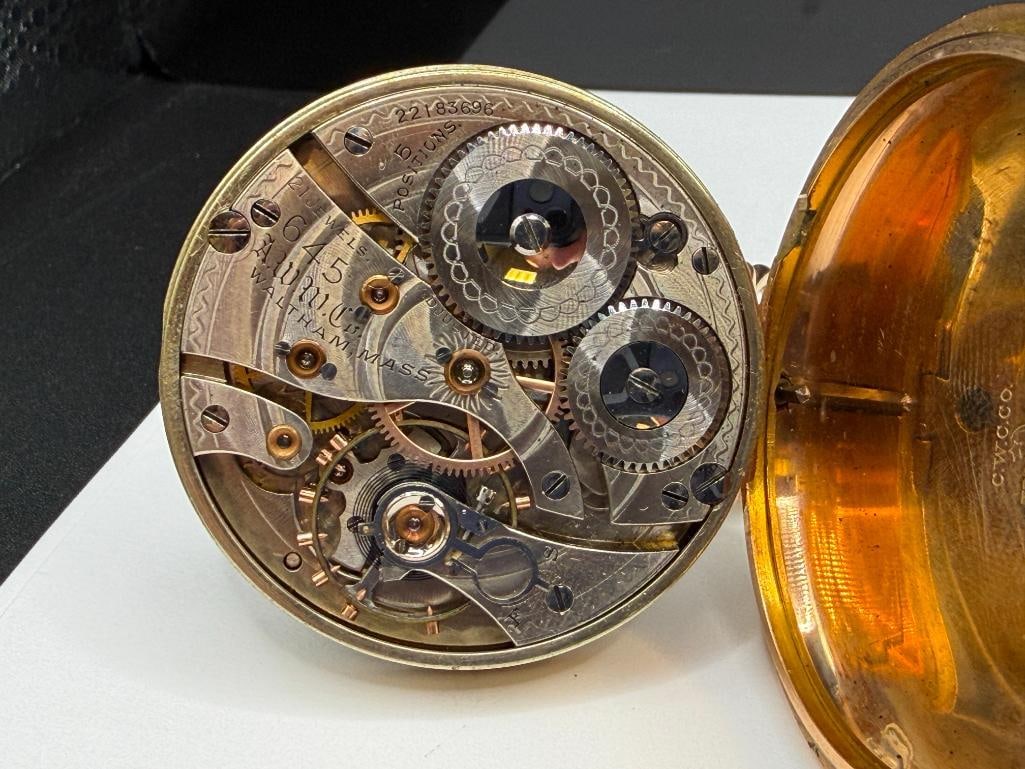 ANTIQUE 1918 WALTHAM 21 JEWELRS GRADE 645 POCKET WATCH WITH NATURAL GOLD NUGGET AND 14K WATCH FOB - 11