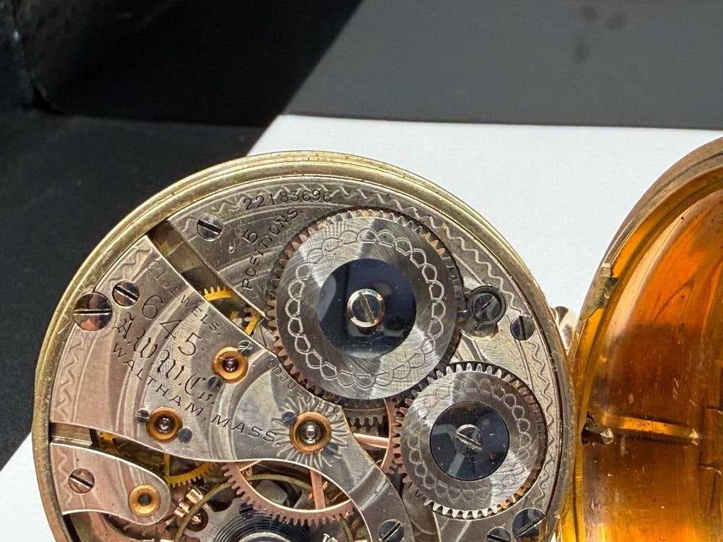 ANTIQUE 1918 WALTHAM 21 JEWELRS GRADE 645 POCKET WATCH WITH NATURAL GOLD NUGGET AND 14K WATCH FOB - 12