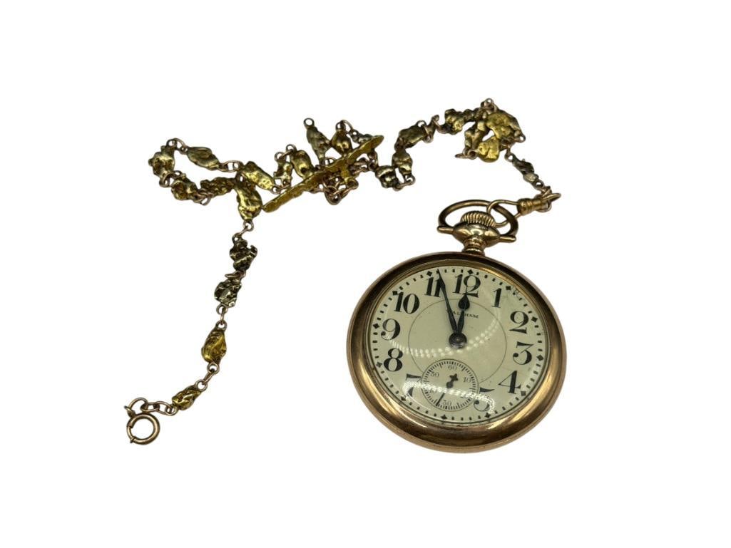 ANTIQUE 1918 WALTHAM 21 JEWELRS GRADE 645 POCKET WATCH WITH NATURAL GOLD NUGGET AND 14K WATCH FOB: WATCH FOB CHAIN HAS NATURAL GOLD NUGGETS AND IS 14K YELLOW GOLD, GOLD FILLED OPEN FACE CASE ON POCKET WATCH, SERIAL # 22183696, ADJUSTED TO FIVE POSITIONS, IN RUNNING CONDITION SIZE 16S POCKET WATCH, 