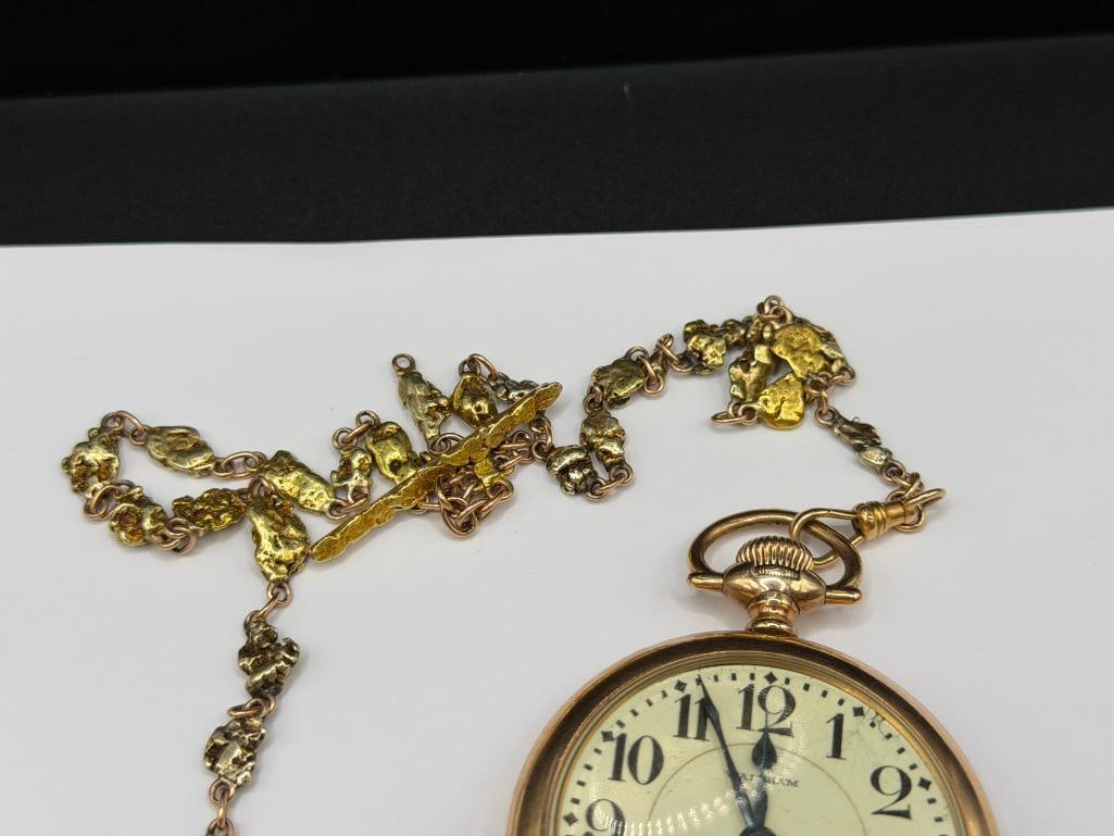 ANTIQUE 1918 WALTHAM 21 JEWELRS GRADE 645 POCKET WATCH WITH NATURAL GOLD NUGGET AND 14K WATCH FOB - 2