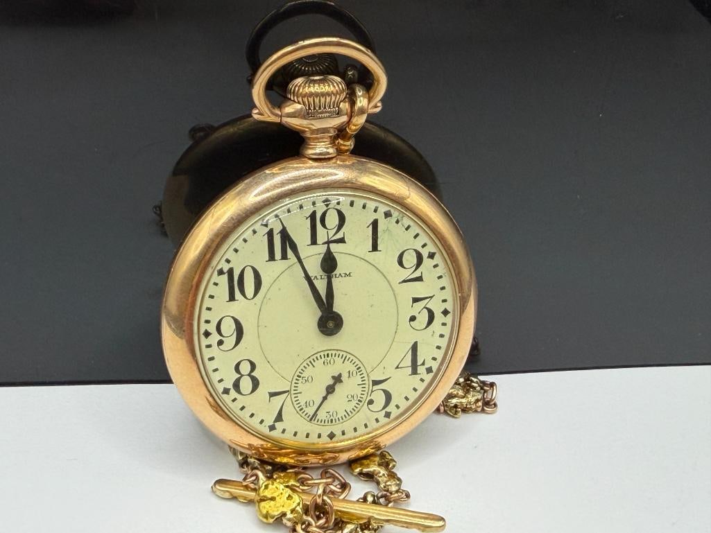 ANTIQUE 1918 WALTHAM 21 JEWELRS GRADE 645 POCKET WATCH WITH NATURAL GOLD NUGGET AND 14K WATCH FOB - 7
