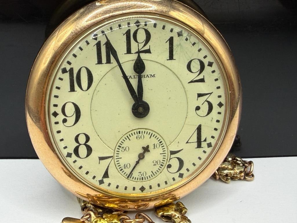 ANTIQUE 1918 WALTHAM 21 JEWELRS GRADE 645 POCKET WATCH WITH NATURAL GOLD NUGGET AND 14K WATCH FOB - 8