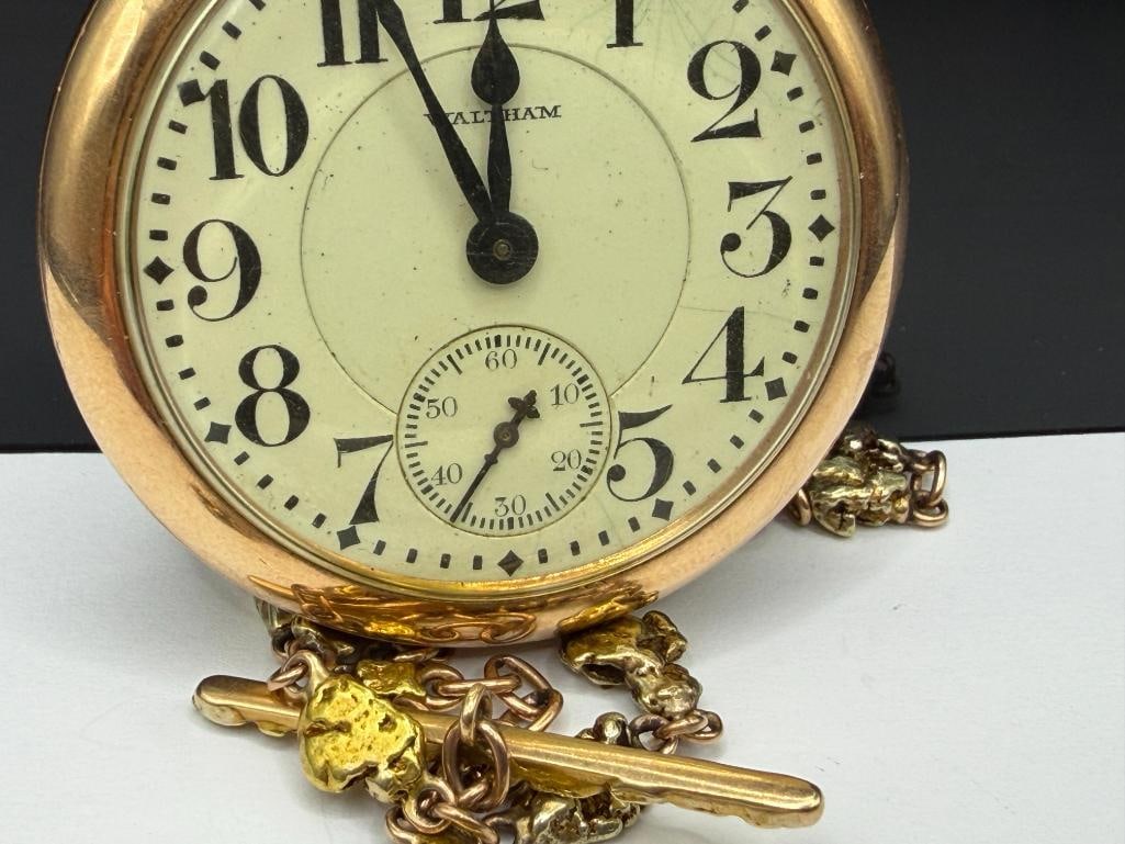 ANTIQUE 1918 WALTHAM 21 JEWELRS GRADE 645 POCKET WATCH WITH NATURAL GOLD NUGGET AND 14K WATCH FOB - 9