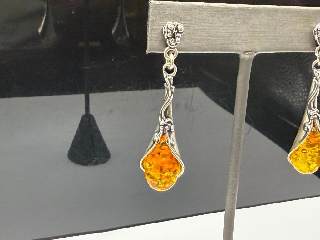 POLAND MADE STERLING SILVER ART NOUVEAU HONEY AMBER DANGLE EARINGS - 2
