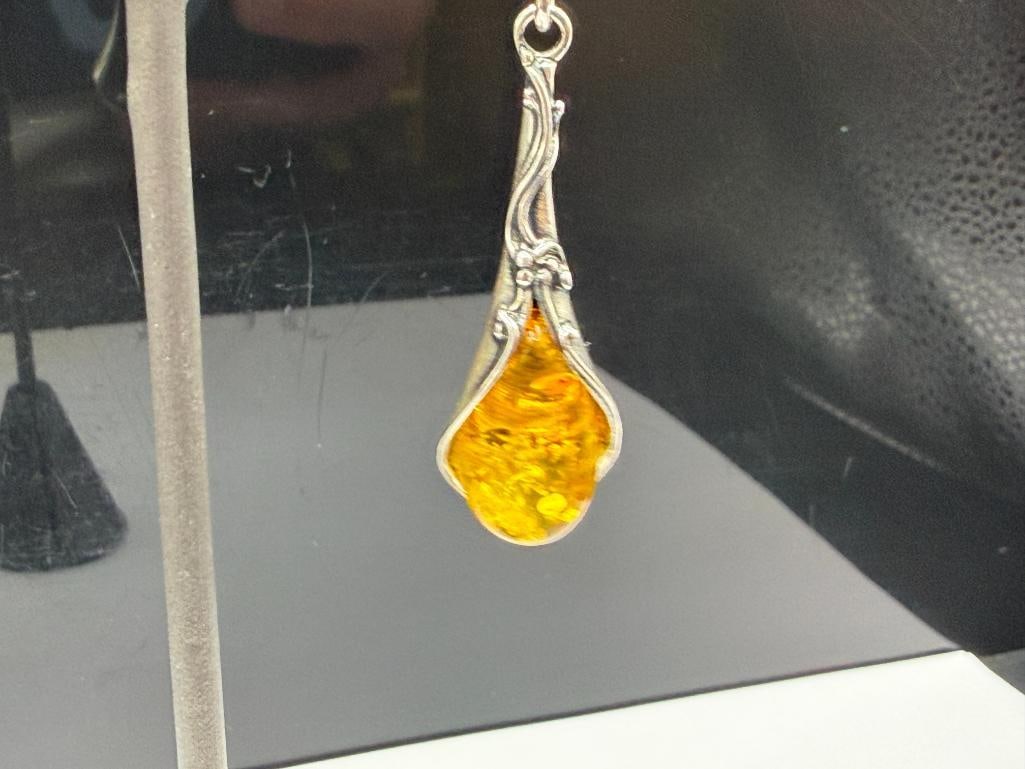 POLAND MADE STERLING SILVER ART NOUVEAU HONEY AMBER DANGLE EARINGS - 3