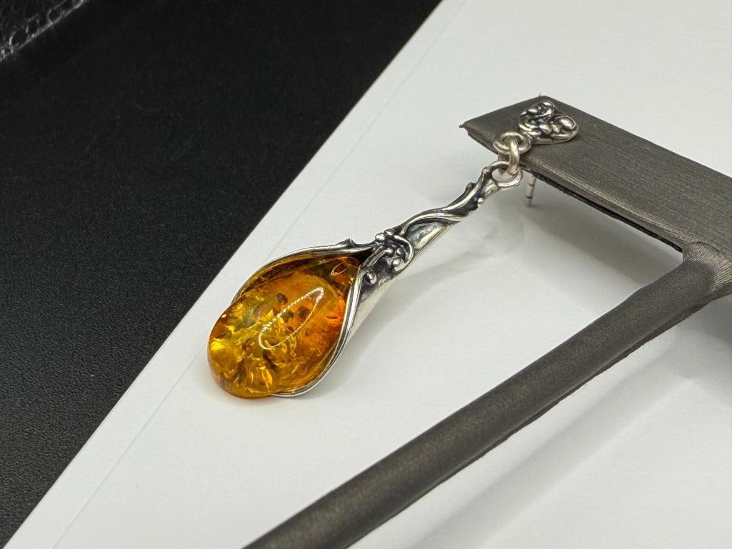 POLAND MADE STERLING SILVER ART NOUVEAU HONEY AMBER DANGLE EARINGS - 4