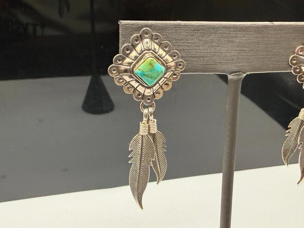 SOUTHWEST Q.T. SIGNED STERLING SILVER TURQUOISE AND FIGURAL FEATHER DANGLE EARRINGS - 2