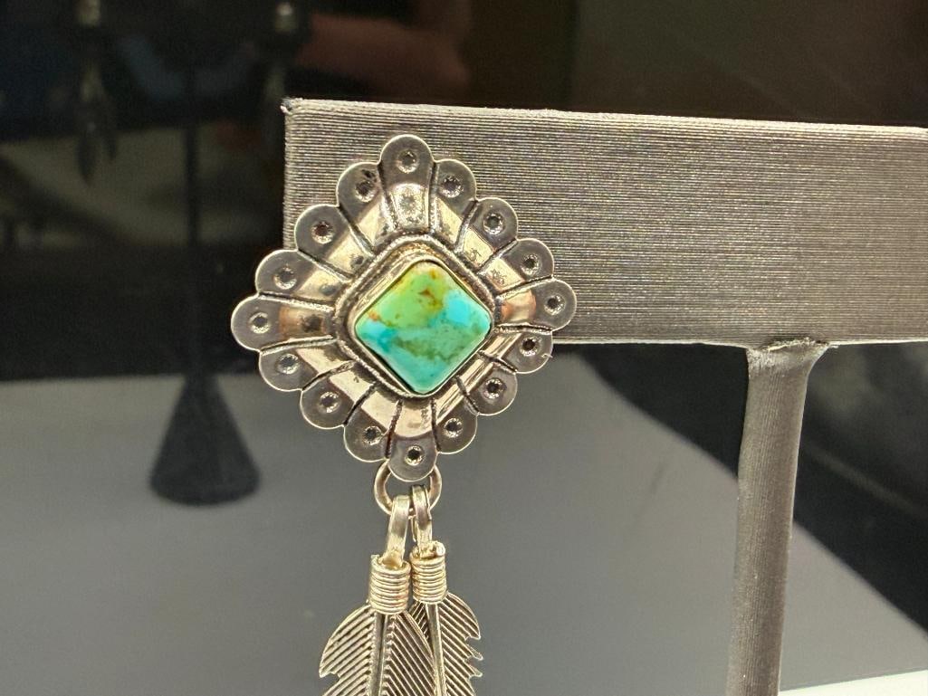 SOUTHWEST Q.T. SIGNED STERLING SILVER TURQUOISE AND FIGURAL FEATHER DANGLE EARRINGS - 3