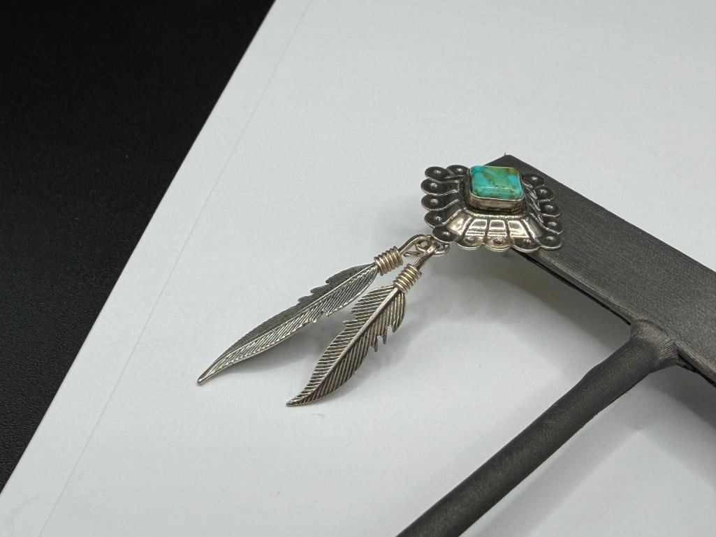 SOUTHWEST Q.T. SIGNED STERLING SILVER TURQUOISE AND FIGURAL FEATHER DANGLE EARRINGS - 4