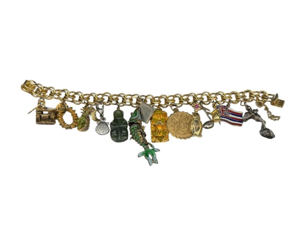 VINTAGE GOLD FILLED CHARM BRACELET FILLED WITH SEVERAL STERLING SILVER CHARMS AND TRAVELER THEME (1 of 11)