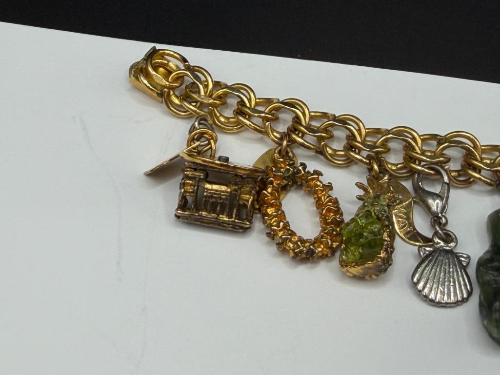 VINTAGE GOLD FILLED CHARM BRACELET FILLED WITH SEVERAL STERLING SILVER CHARMS AND TRAVELER THEME - 3