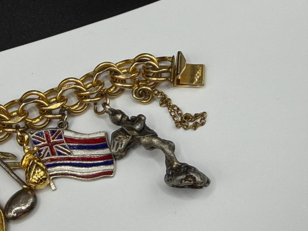 VINTAGE GOLD FILLED CHARM BRACELET FILLED WITH SEVERAL STERLING SILVER CHARMS AND TRAVELER THEME - 6